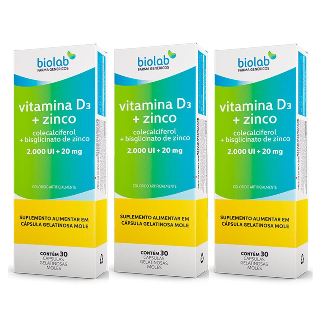 Kit 3 Caixas | Vitamina D3 2000ui + Zinco 20mg Biolab 30 Cápsulas